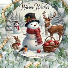 1pc Rustic Farmhouse Christmas Metal Sign, 2D Flat Printed Snowman And Friends Wreath, Suitable For Crafts, Home And Outdoor Holiday Wall Decor, 7.87 Inch Round Holiday Artwork (Random Hole Position) - A - View 5