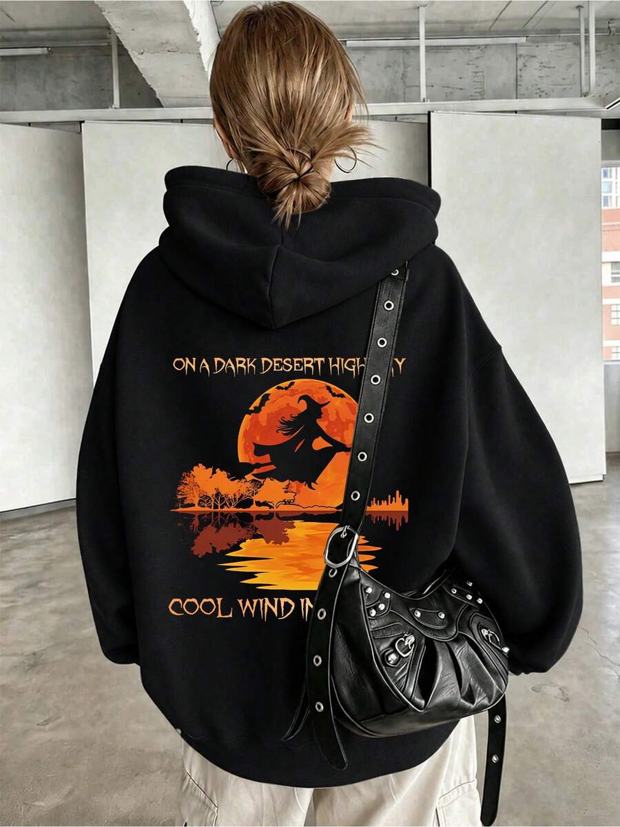 Witch Letter Print Pattern Sweatshirt, Plus Size Women's Casual Autumn/Winter Long Sleeve Pocket Hooded Sweatshirt Black - Black - View 1