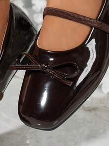 Women's Square Toe Bow Decor Brown Glossy Mary Jane Shoes Elastic Strap Slip-On Ballet Shoes Daily Flat Shoes - Brown - View 8