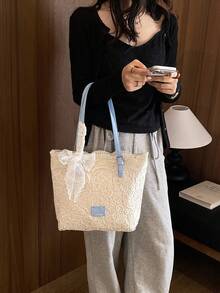 Dedoo 女款鏤空蕾絲托特包，肩帶蕾絲蝴蝶結裝飾浪漫日常單肩包，隨機緞帶，大容量，校園背包，大學校園 - 藍色 - 查看 4