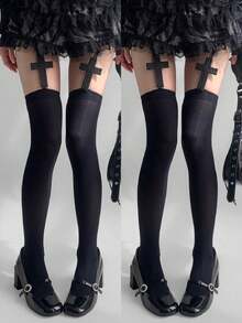 1/2 paires de bas cuissardes gothiques à croix, chaussettes noires/blanches souples et extensibles auto-tenant au-dessus du genou pour Lolita, rue, fête & port quotidien - Multicolore - Voir 17