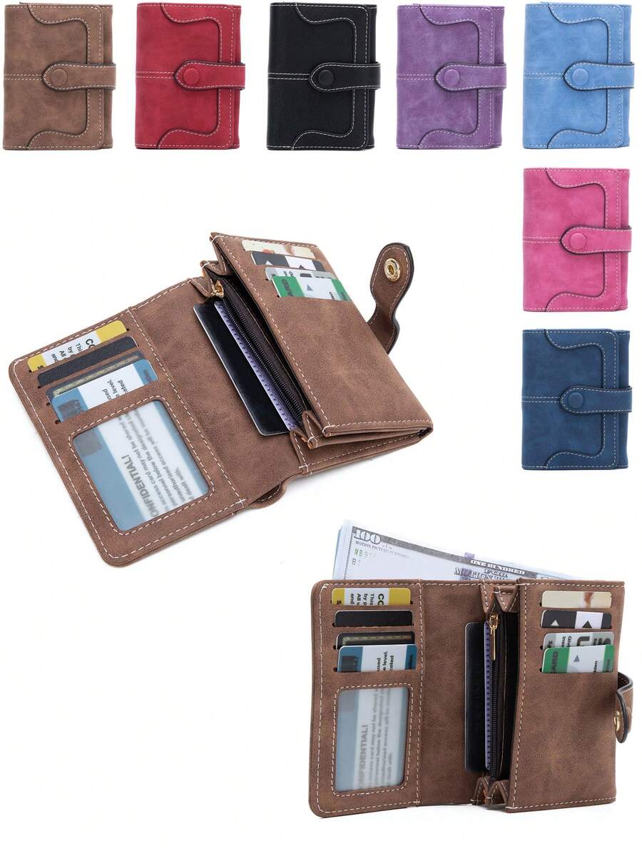 FOREVER MIYIN Dompet Kecil Lipat Tiga Wanita dengan Jahitan Vintage Matte, Pemblokir RFID, Banyak Slot Kartu, Jendela ID, Kantong Koin dengan Resleting, Tempat Kartu Harian