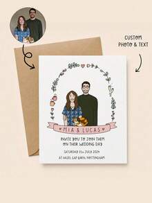 Custom Photo Cartoon Wedding Greeting Card, Upload Couple Photos To Create Cute Hand-Drawn Portraits Including Pets. Custom Names, Wedding Date, Venue And Invitation Words. Sweet Personalized Greeting Card For Wedding Events. - Multicolor - View 1