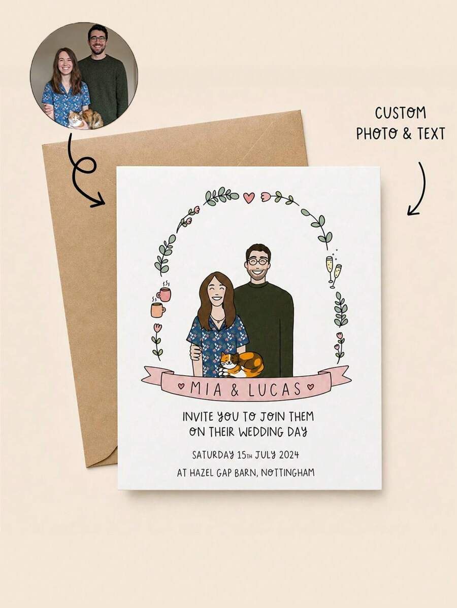 Custom Photo Cartoon Wedding Greeting Card, Upload Couple Photos To Create Cute Hand-Drawn Portraits Including Pets. Custom Names, Wedding Date, Venue And Invitation Words. Sweet Personalized Greeting Card For Wedding Events. - Multicolor - View 1