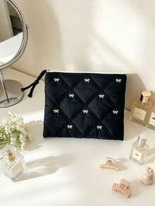Black Quilted White Bow Embroidery Cosmetic Bag For Women Multi-Size Zipper Makeup Organizer Pouches With Handheld Case Travel Toiletry Storage Bags - Black - View 6