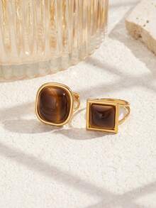 2pcs Stainless Steel Fashion Casual Gold Heart-Shaped Ring Set, Suitable For Women's Daily Wear Or Gift Giving - Yellow Gold - View 6