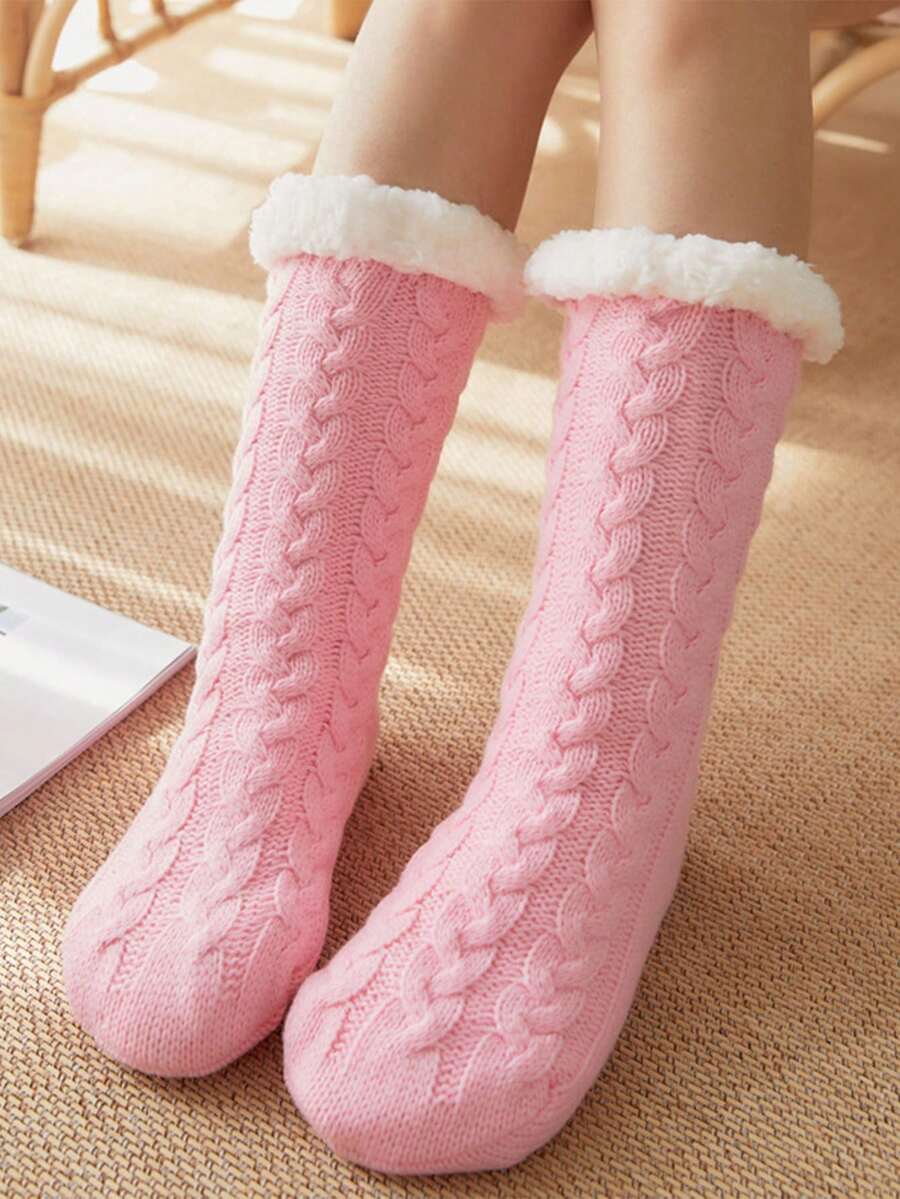 Random 1 Pair Women's Mid-Crew Socks - Simple Cable Knit - Non-Slip Thermal-Lined For Home Winter - Multicolor - View 1