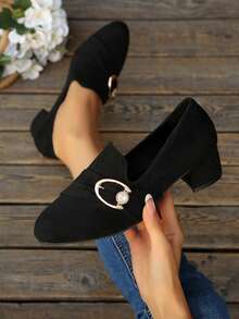 Commuter Style Black Chunky Heel Women's Slip-On Shoes, Fashion Rhinestone Decor Round Toe Daily Women's Shoes - Black (T02) - View 2