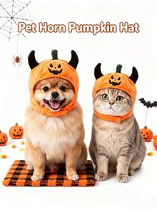 1pc Pet Halloween Pumpkin Hat With Devil Horns, Adjustable Chin Strap Cute Pumpkin Headwear Costume Accessory, Soft Plush Party Hat For Small Medium Cats Dogs, Halloween Cosplay Holiday Photo Props - Multicolor - View 2