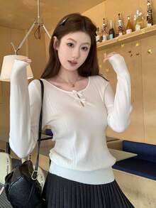 Atasan Dalaman Sweater Rajut Berongga dengan Pita Putih Gaya Korea Musim Gugur/Dingin - Putih - View 3