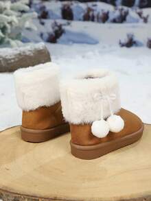 1 Pair Kids Winter Snow Boots, Fashionable Minimalist Design With Ball Pendant, Student Children Boots - Khaki - View 4