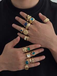 18pcs Vintage Embossed Multicolor Gemstone Ring Set, Heavy Textured Gold Wide Band Rings, Palace Style Unisex Men's Stackable Hand Jewelry - Light Gold - View 2