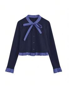 Bow Tie Lace-Up Plaid Patchwork Short Long Sleeve T-Shirt - Navy Blue - View 4
