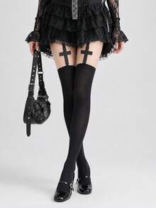 1/2 paires de bas cuissardes gothiques à croix, chaussettes noires/blanches souples et extensibles auto-tenant au-dessus du genou pour Lolita, rue, fête & port quotidien - Multicolore - Voir 9
