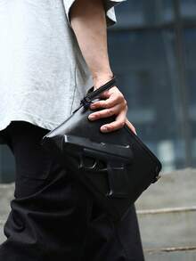 Unisex Crossbody Handbag, Pure Black Smooth PU, 3D Gunflower Embossed, Wide Strap, Wrist Strap, Street, Daily, Party, Travel - Black - View 4