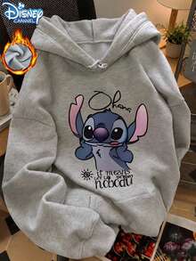 Start 秋冬女款「Disney Stitch」圖案印花街頭 Y2K 風格寬鬆加厚抓絨灰色大尺碼休閒運動衫 - 淺灰色 - 查看 1
