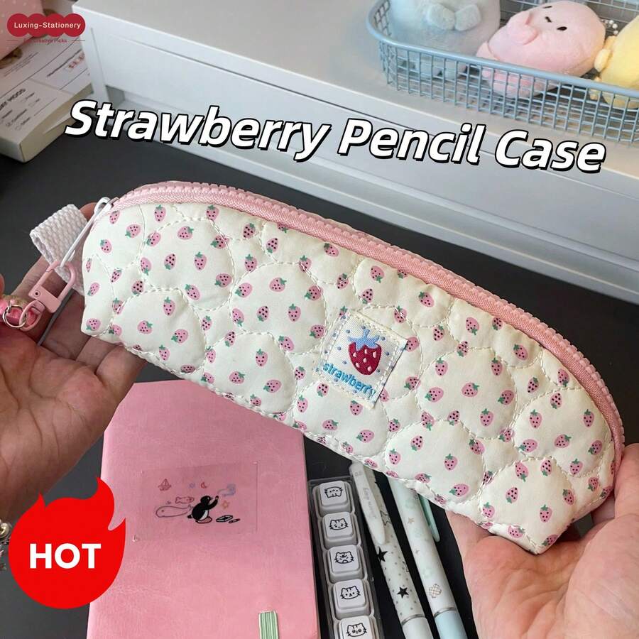 1pc Korean Style Strawberry Polka Dot Pencil Case, Cute Stationery Bag, Large Capacity Double Layer Storage Bag, Pencil Box, Makeup Bag, Essential For Back To School For Middle And High School Students - A - View 1