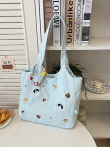 Dedoo 帆布托特包 卡通刺繡 彩色繩飾 大容量 學生校園休閒韓風單肩包 - 藍色 - 查看 6