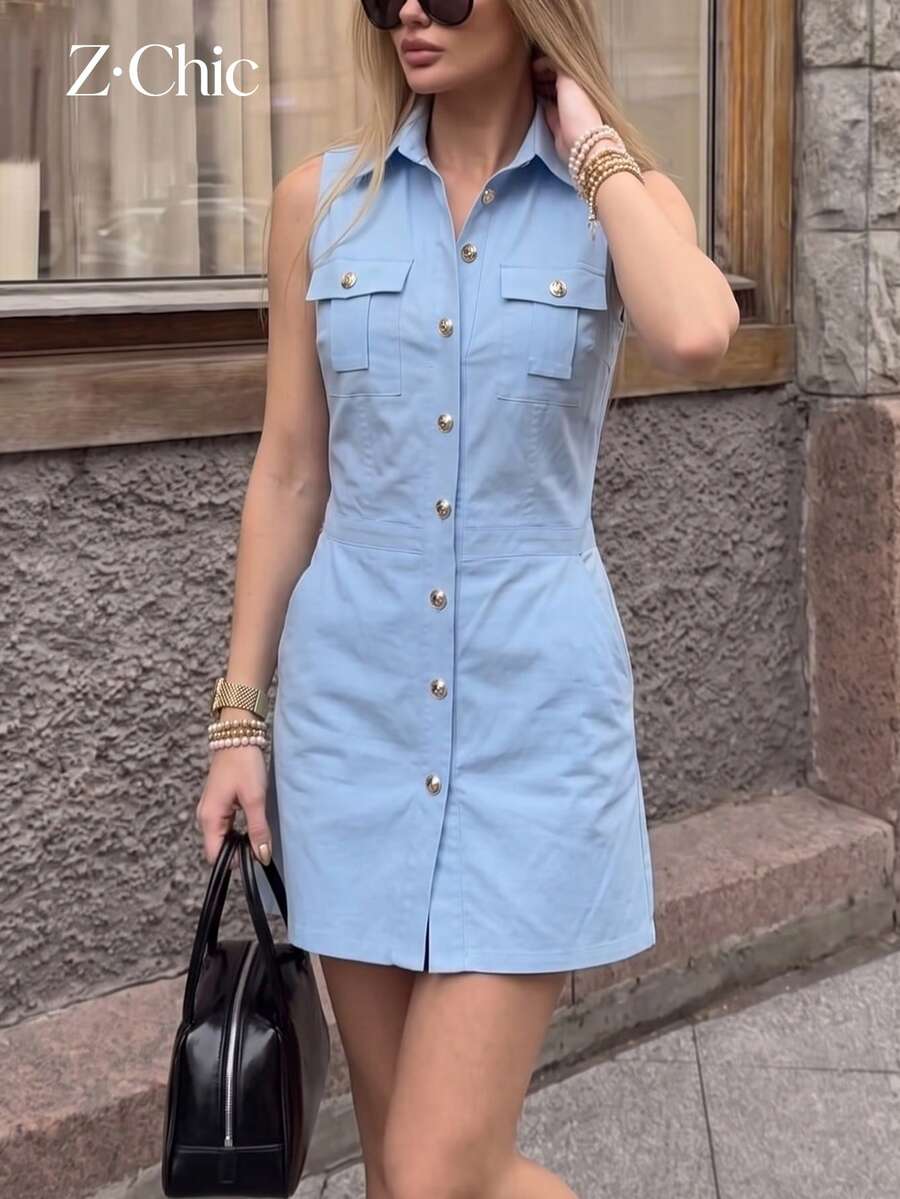 1件女款無袖襯衫洋裝,前襟金屬鈕扣設計,質感面料,穿脫方便,雙胸袋與側口袋設計,實用工裝風,簡約風格,適合辦公通勤、購物、海灘度假的夏季穿搭 - 淺色水洗藍 - 查看 1