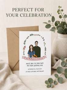 Custom Photo Cartoon Wedding Greeting Card, Upload Couple Photos To Create Cute Hand-Drawn Portraits Including Pets. Custom Names, Wedding Date, Venue And Invitation Words. Sweet Personalized Greeting Card For Wedding Events. - Multicolor - View 5