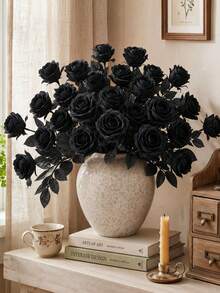 Black Artificial Roses, Realistic Gothic Faux Flowers With Bendable Cuttable Long Stems, Reusable DIY Floral Bouquet For A Halloween Party, Haunted House, Gothic Wedding, Funeral Memorial, Table Centerpiece, Vase, Wreath And Dark Home Decor - Multicolor - View 1