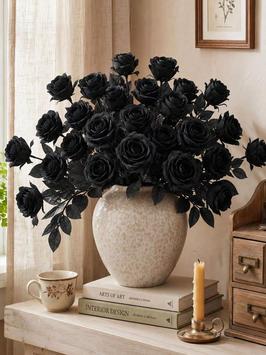 Black Artificial Roses, Realistic Gothic Faux Flowers With Bendable Cuttable Long Stems, Reusable DIY Floral Bouquet For A Halloween Party, Haunted House, Gothic Wedding, Funeral Memorial, Table Centerpiece, Vase, Wreath And Dark Home Decor - Multicolor - View 1