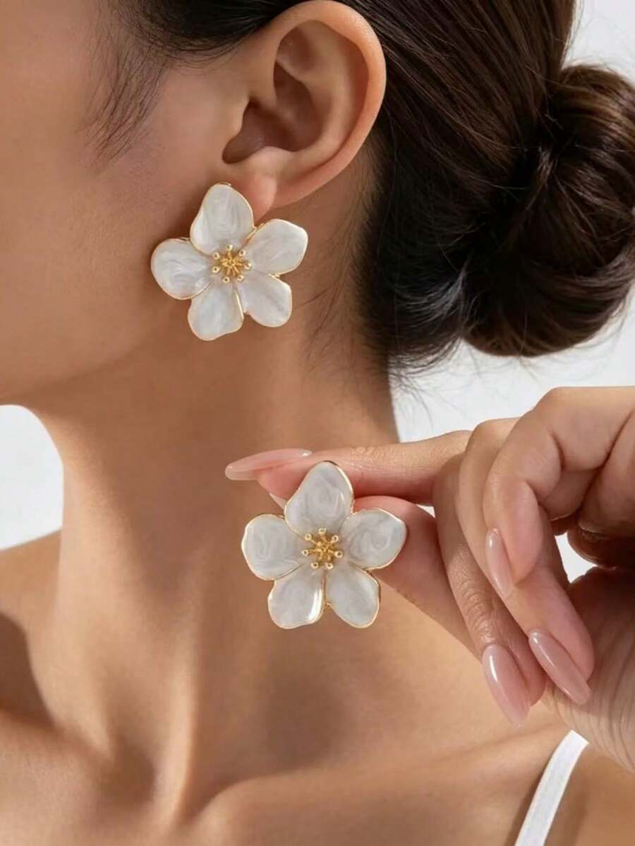 1對精緻甜美白色琺瑯花卉女款耳環,時尚百搭彩色仙女風琺瑯耳環,適合度假、派對與日常穿著 - 白色 - 查看 1