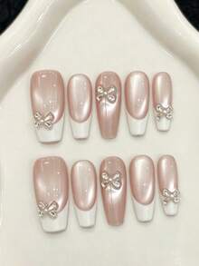 10pcs Medium Almond Handmade Press-On Nails, Pink Base With White French Tips; Simple And Versatile, Suitable For Girls, Women's Daily, Holiday, Party Wear - Pink - View 6