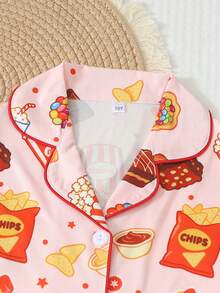 Teen Girls Cute Snack Print Button Front Long Sleeve Pajama Set, 2-Piece Set Lapel Top + Pants, Soft Loungewear, Suitable For Spring, Autumn, Winter Home Wear - Pink - View 5