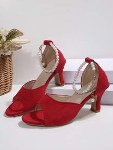 Burgundy Pearl Chain Peep-Toe High Heel Sandals, Fairy Style Chunky Heel Wedding Shoes - Red - View 2