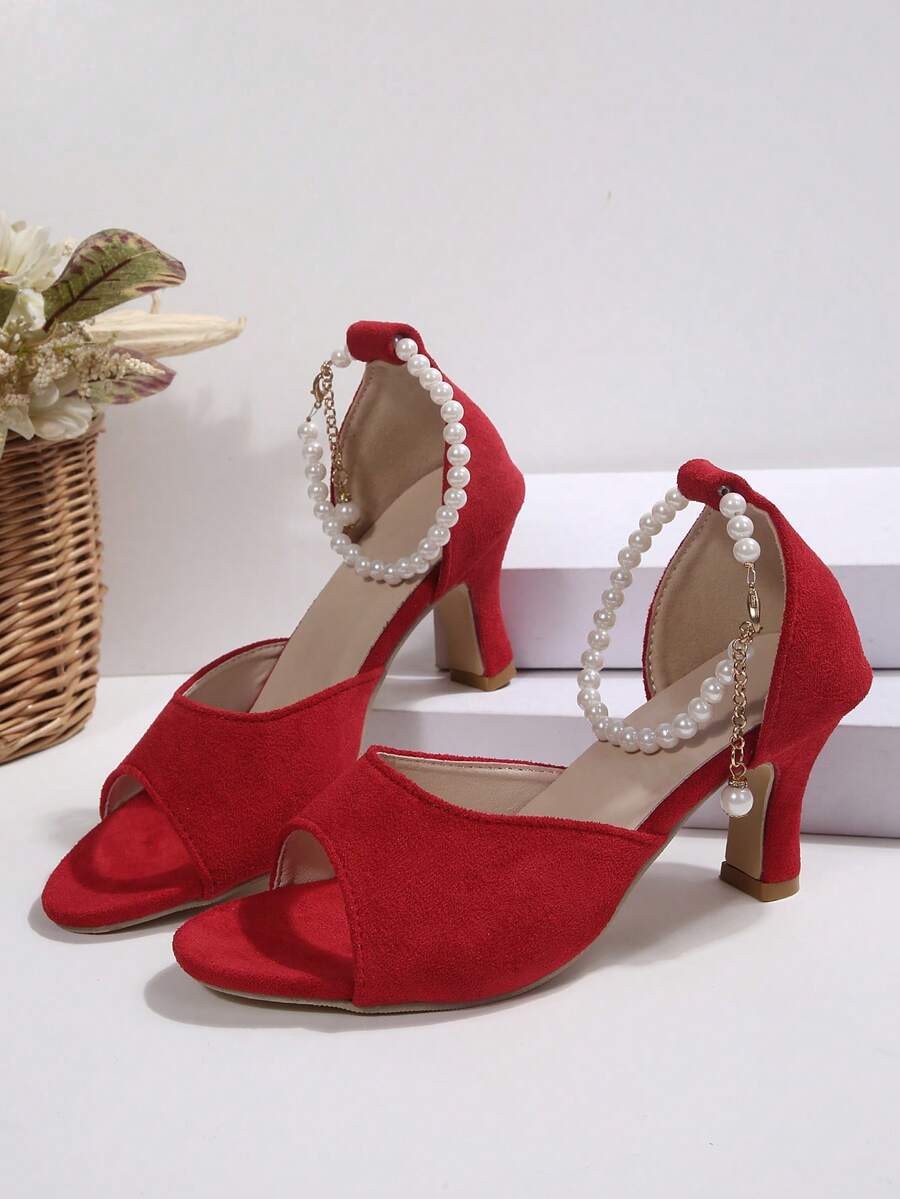 Burgundy Pearl Chain Peep-Toe High Heel Sandals, Fairy Style Chunky Heel Wedding Shoes - Red - View 1