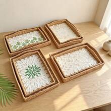 1pc 34cm X 24cm X 5cm Woven Rattan Shell Wavy Edge Rectangular Tray For Home Desktop Storage - Multicolor - View 1