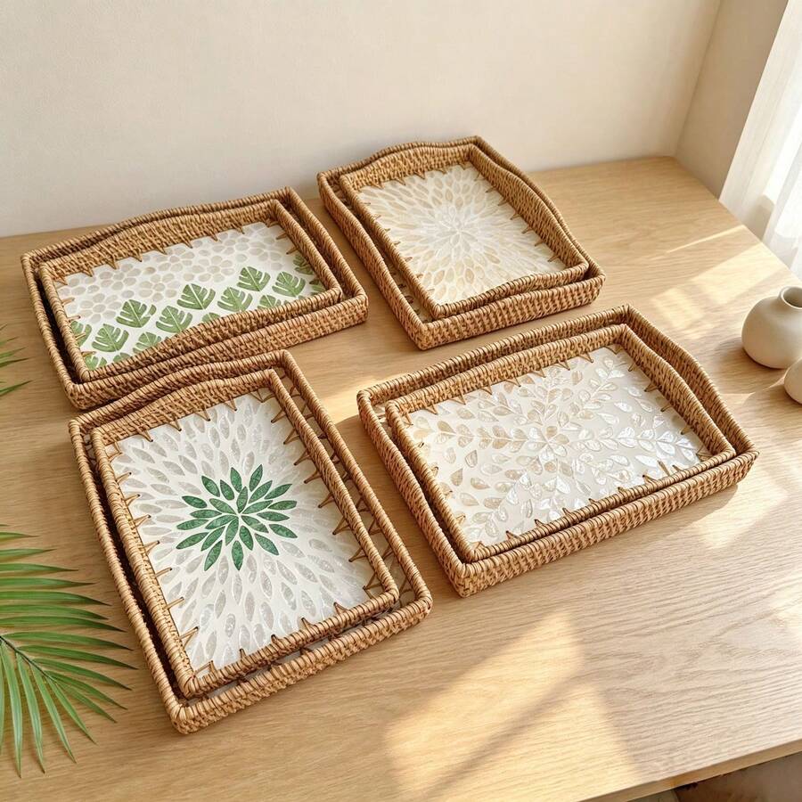 1pc 34cm X 24cm X 5cm Woven Rattan Shell Wavy Edge Rectangular Tray For Home Desktop Storage - Multicolor - View 1