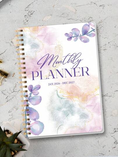 1pc Jan 2026-Dec 2027 Monthly Planner, Pastel Watercolor Botanical Spiral Organizer For School, Office, Study, Work & Daily Scheduling, Back To School Supplies Office Desk Teacher Gifts