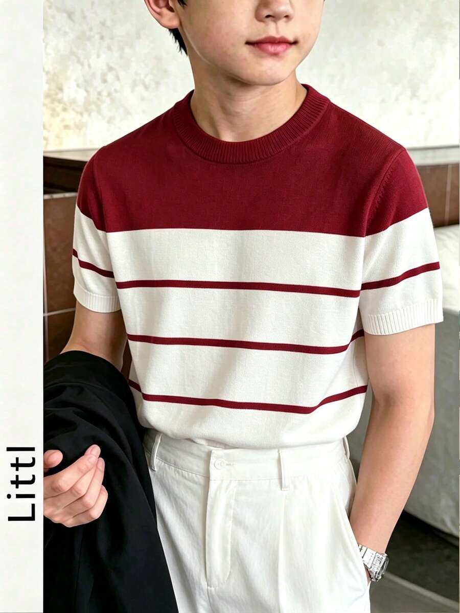 Teen Boys Classic Burgundy And White Striped All-Match Knit Top, Casual Short Sleeve Knit Pullover, Suitable For Everyday Versatile Style - Multicolor - View 1
