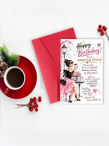 1pc Birthday Card With Envelope - "Happy Birthday To An Amazing Friend" Chic Fashion Illustration Greeting For Female Bestie, Birthday Celebration Gift, Blank Inside - View 7