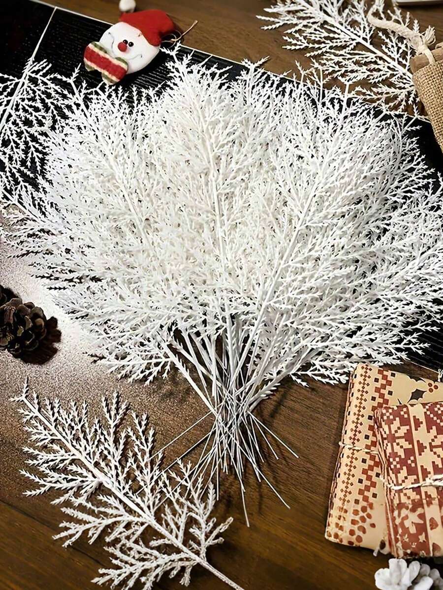 12pcs Christmas Decorative Flowers - Artificial Pine Branches With White Flowers, Suitable For DIY Wreaths/Vase Fillers, Holiday Home Decor - A - View 1