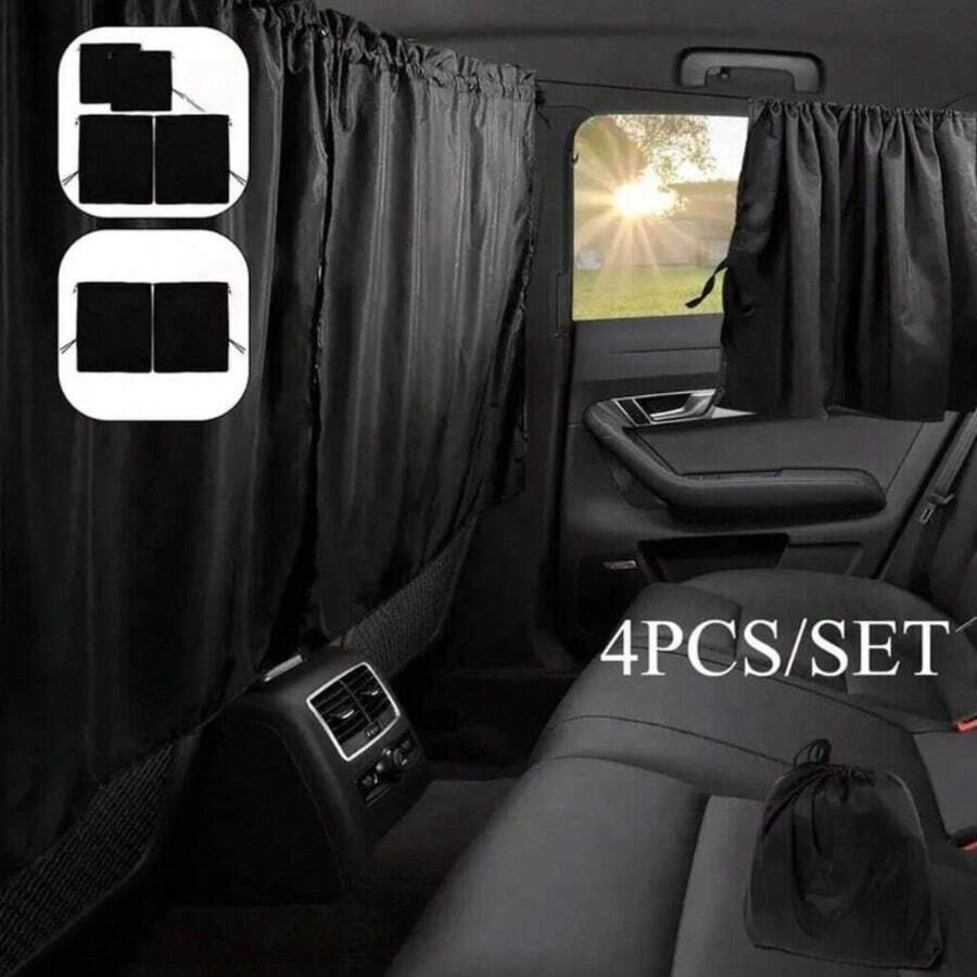 4-Piece Universal Privacy Blackout Curtain Set, Includes 1 Partition Curtain, 2 Side Curtains And 1 Storage Bag, Suitable For Travel, Camping And Sleeping, Easy To Install, Maximizes Privacy Protection