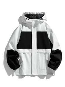 Women's Fashion Colorblock Woven Jacket, Long Sleeve, Regular Length, Hooded, Perfect Choice For Urban Casual Wear - White - View 4