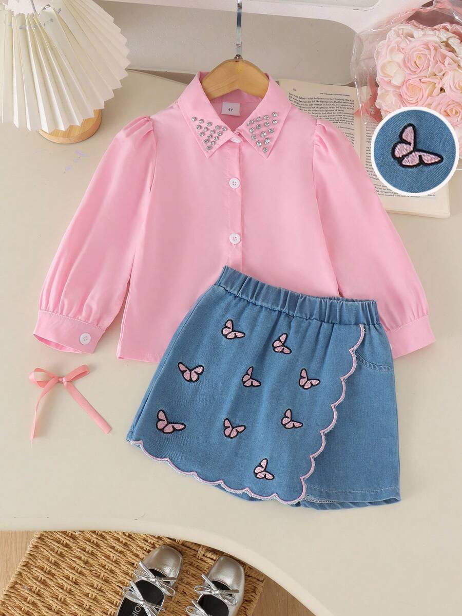 2pcs Girls Luxury Exquisite Rhinestone Embellished Turn-Down Collar Puff Sleeve Blouse And Butterfly Embroidery Denim Skirt Set, Spring/Autumn - Pink - View 1