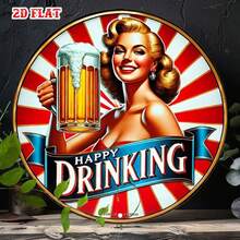 2D平面 1件裝復古風啤酒杯圓形鐵製標誌 8英吋，女孩與「Happy Drinking」設計，鄉村風金屬裝飾，適用於居家、車庫、咖啡廳、家用吧台裝飾，預鑽孔，款式如尺寸表所示 - 多色 - 查看 3