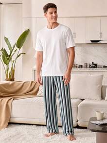 男士夏季圓領休閒T恤與條紋長褲居家服套裝 - 白色 - 查看 4