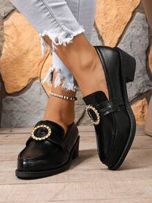 Women's Solid Color Preppy College Commute Pure Metal Chunky Heel Slip-On Loafers Office Shoes - Black - View 4