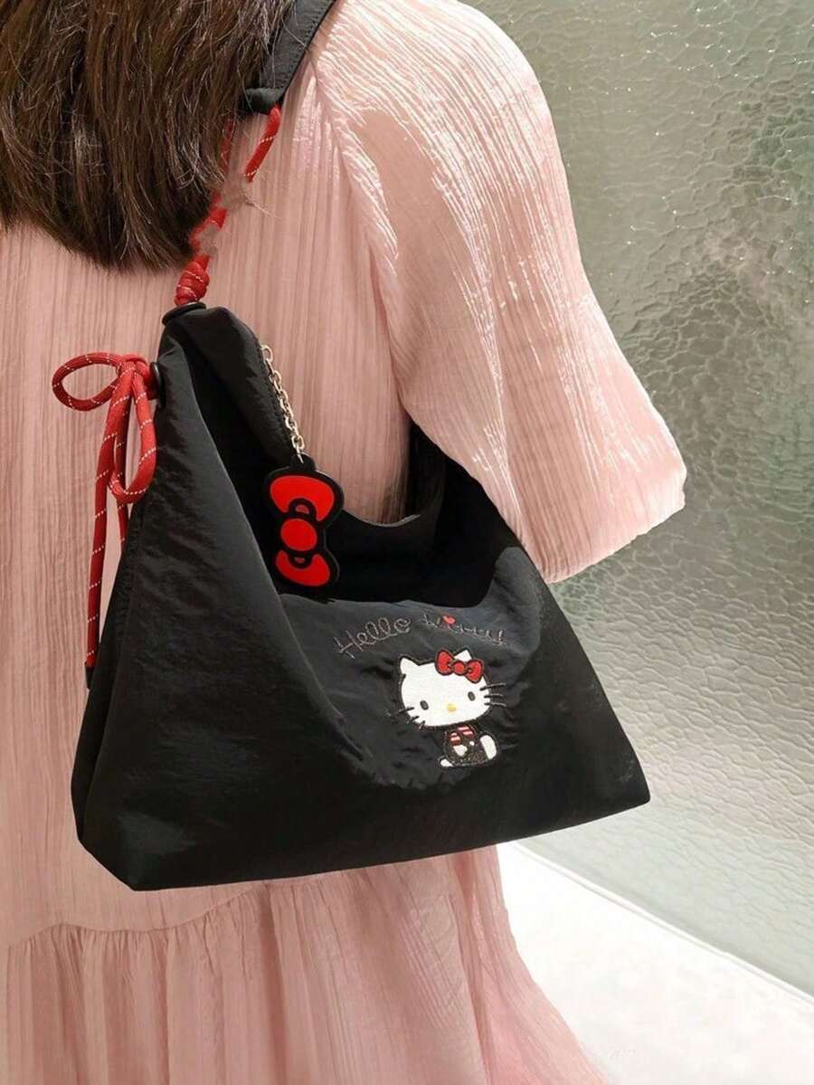 SANRIO Tas Tote Bordir Hello Kitty, Tas Bahu Wanita Kapasitas Besar, Ringan, Gaya Jepang yang Lucu, Tas Tangan Harian Cocok untuk Belanja Santai dan Perjalanan Singkat - MultiWarna - View 1