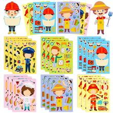 6pcs Fun Occupation Character DIY Face Changing Stickers, Cartoon Worker Farmer Teacher Collage Stickers, Educational Handmade Gift For Boys Girls, Quiet Book Craft Supply - Multicolor - View 1