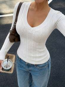 Sweater Rajut Lengan Panjang Model Slim Fit dengan Leher V Dalam Gaya Y2K, Cocok untuk Kencan Malam, Pesta, dan Jalan-jalan, Warna Putih Musim Gugur - Putih - View 3