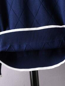 Boys' Semi-High Neck Half-Zip Long Sleeve Knitted Sweater, Argyle Pattern With Contrast Stripes, Preppy Casual Versatile Pullover, Suitable For Campus Daily Wear In Spring, Autumn And Winter - Navy Blue - View 8