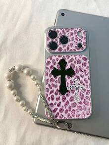 1pc Pink Leopard Print Leather Texture Black & White Cross Pattern Silver Border Dual-Tone Glossy Soft Shell Full Coverage Shockproof Large Window Lens Protection No Lanyard Phone Case Compatible With All Apple Models Sweet Cool Y2K Millennium Ins Style - Silver - View 6