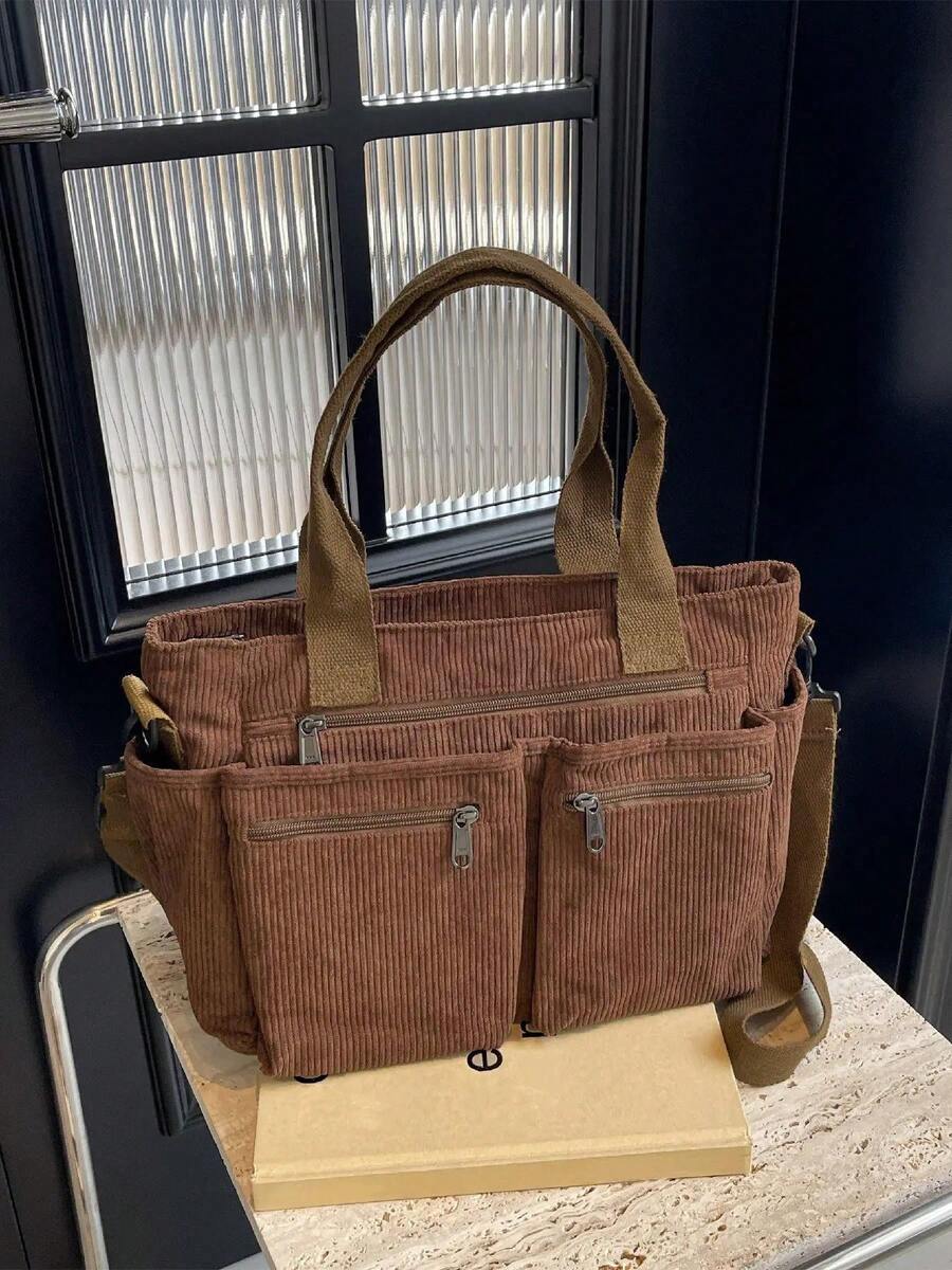 Fashionable Minimalist Large Capacity Multi-Pocket Shoulder Tote Crossbody Bag, Suitable For Business, School, Work And Travel - Brown - View 1
