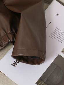 Tween Girl Spring/Autumn New Fashion Solid Color Zipper Lapel Long Sleeve Brown PU Leather Jacket Short Top - Brown - View 5
